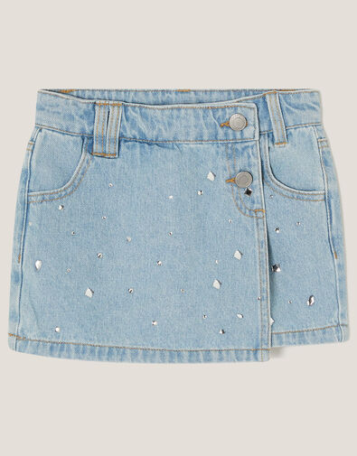 Jewel Embellished Denim Skort, Blue (BLUE), large