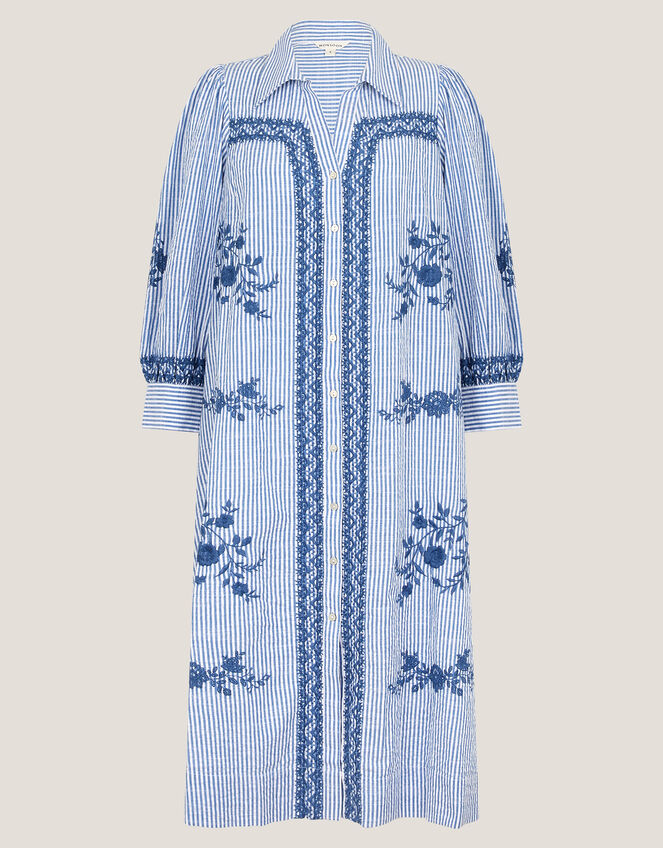 Marlowe Stripe Embroidered Midi Shirt Dress, Blue (BLUE), large