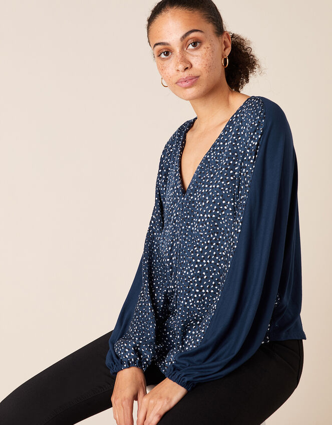 Ditsy Print Woven Front Jersey Top, Blue (NAVY), large