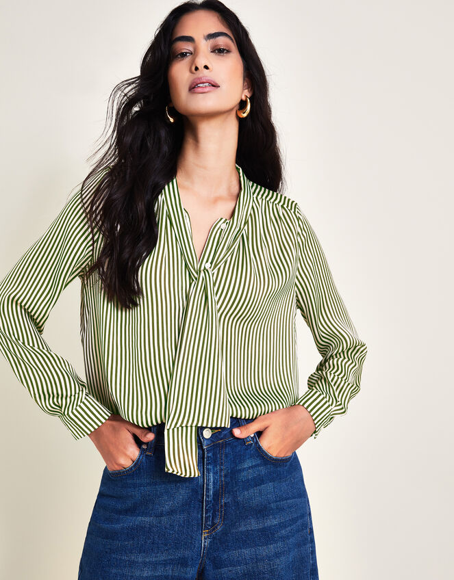 Sasha Stripe Satin Blouse, Green (GREEN), large