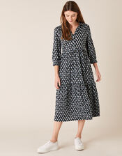 Peacock Print Shirt Dress with Organic Cotton, Black (BLACK), large
