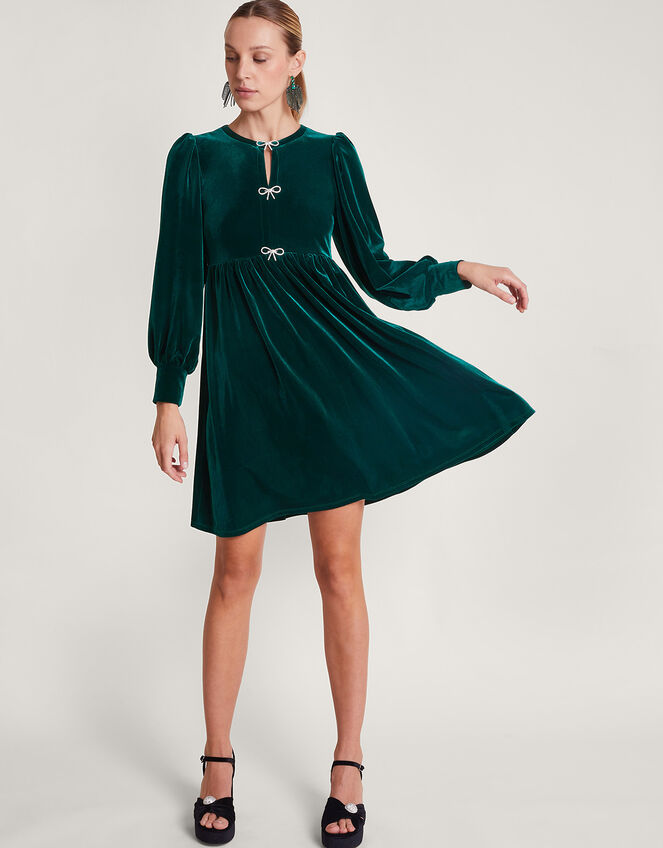 Evie Velvet Bow Dress, Green (GREEN), large
