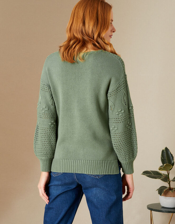 Stitch and Bobble Detailed Jumper in Recycled Cotton, Green (KHAKI), large