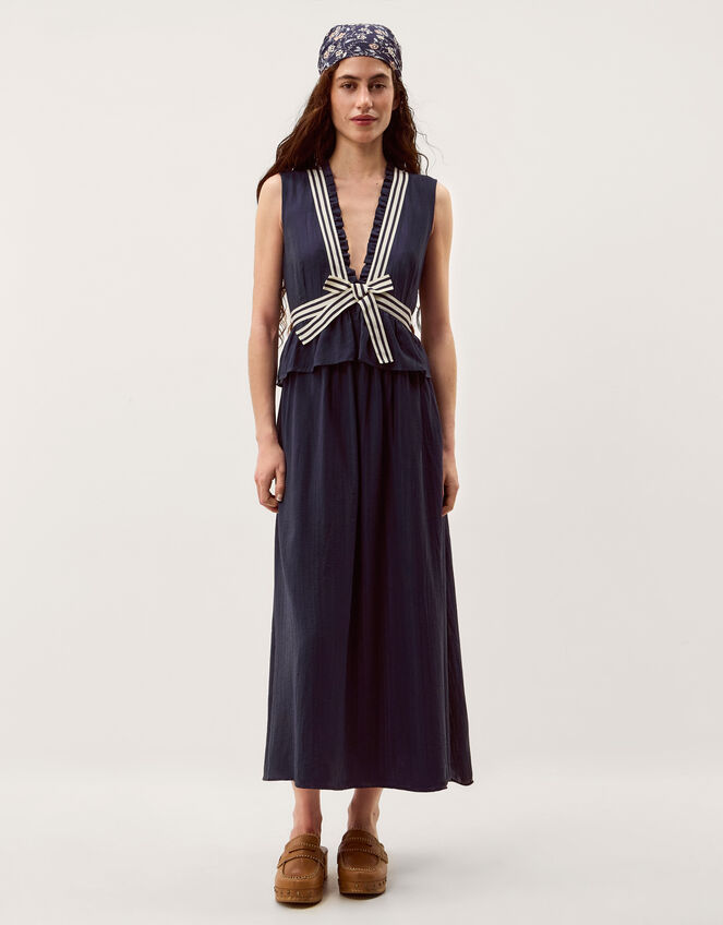 Cece V-Neck Stripe Bow Midi Dress Blue