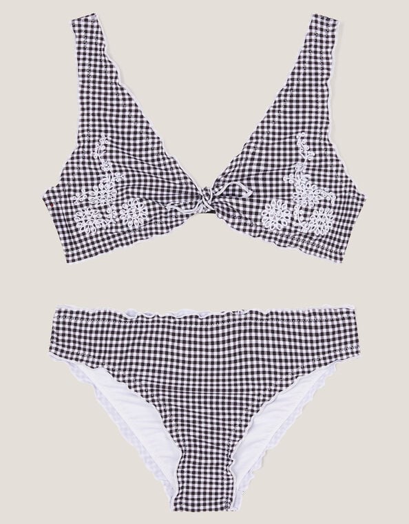 Gingham Embroidered Frill Bikini Set, Black (BLACK), large