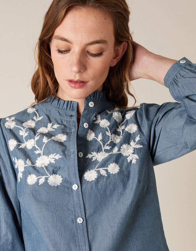 Floral Embroidery Top in Pure Cotton, Blue (BLUE), large