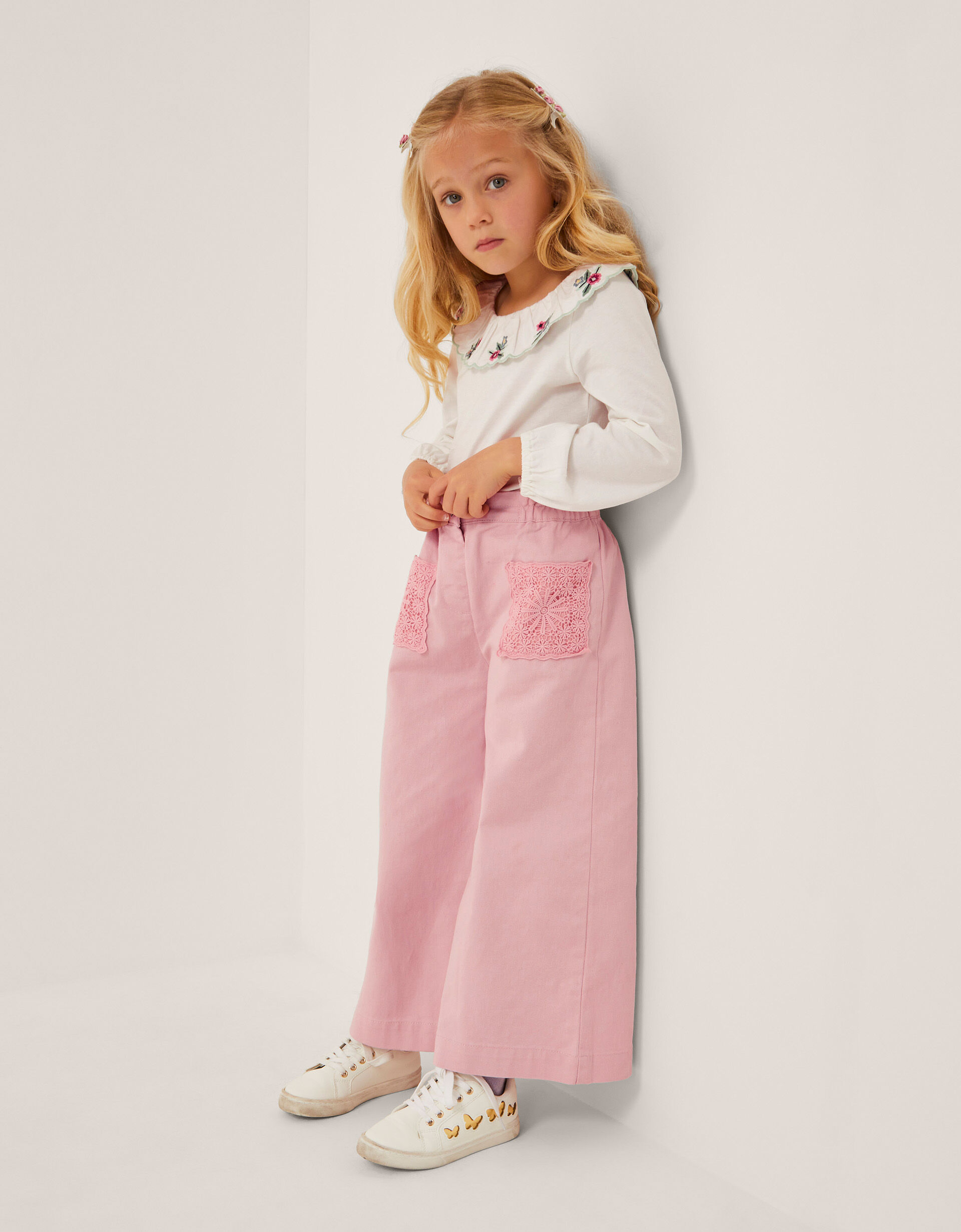 Crochet Pocket High-Waist Trousers Pink