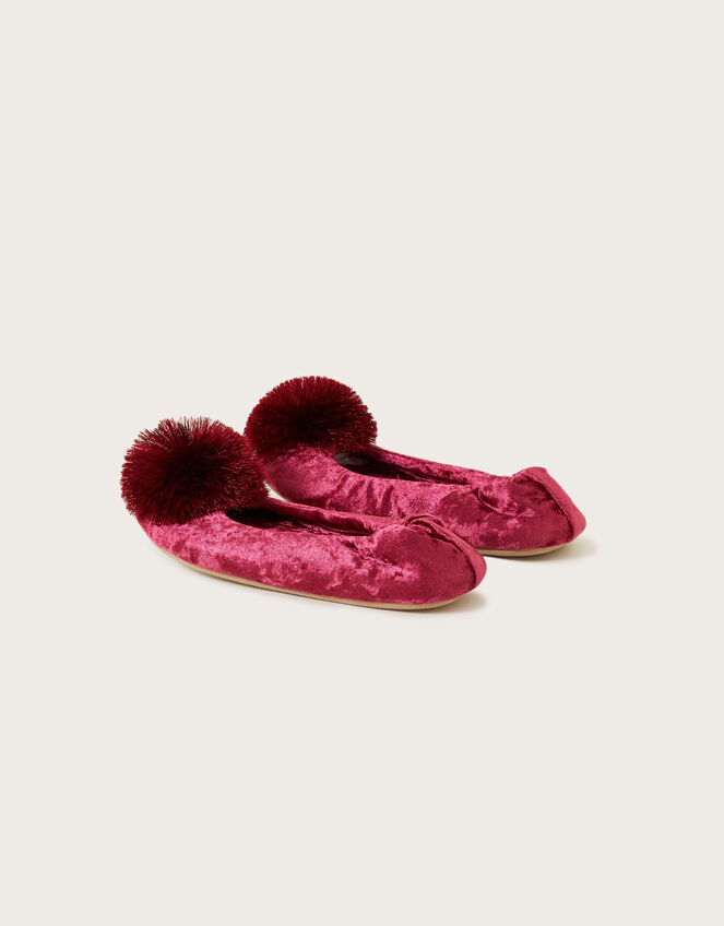 Velvet Pom-Pom Ballerina Flat Slippers, Red (BERRY), large