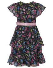 Botanical Print Chiffon Dress, Black (BLACK), large
