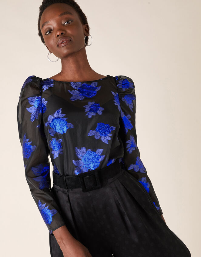 Ophelia Floral Organza Blouse, Blue (BLUE), large