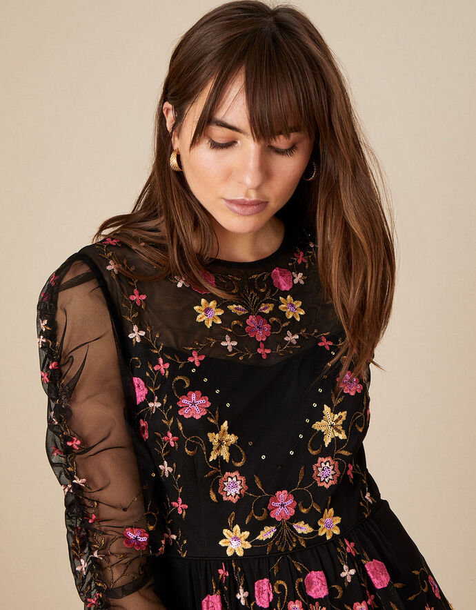 Marcia Embroidered Midi Dress Black