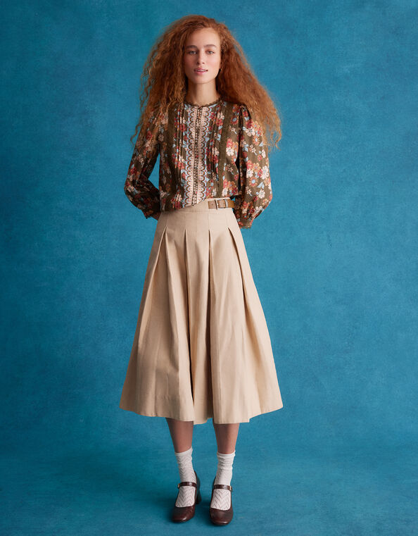 Poppy Buckle Pleated Midi Skirt, Natural (STONE), large