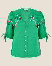 Floral Embroidered Top in Linen Blend, Green (GREEN), large
