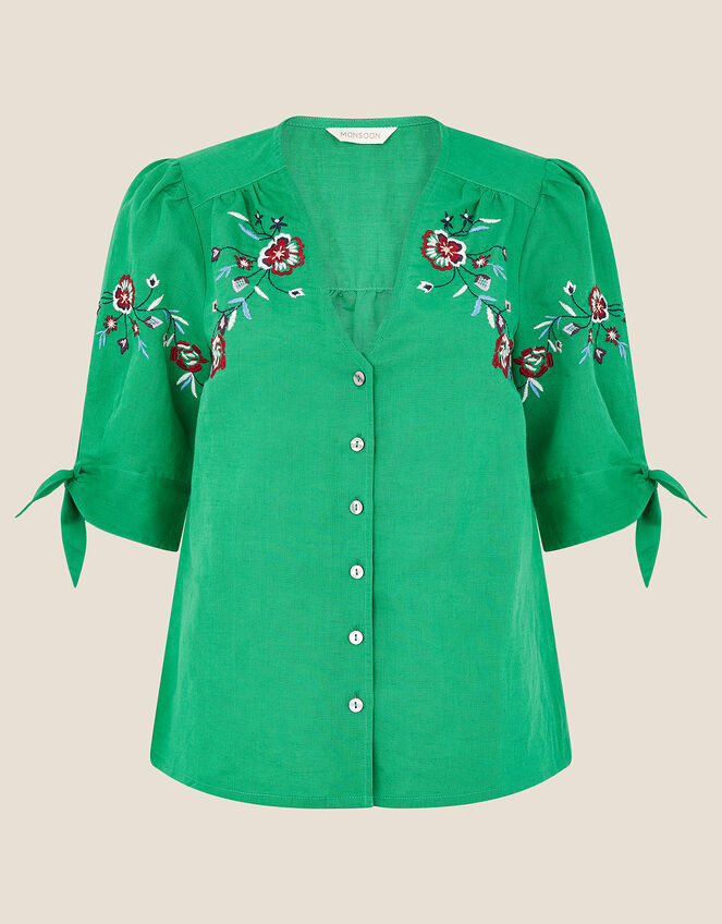 Floral Embroidered Top in Linen Blend Green | Tops & T-shirts | Monsoon UK.