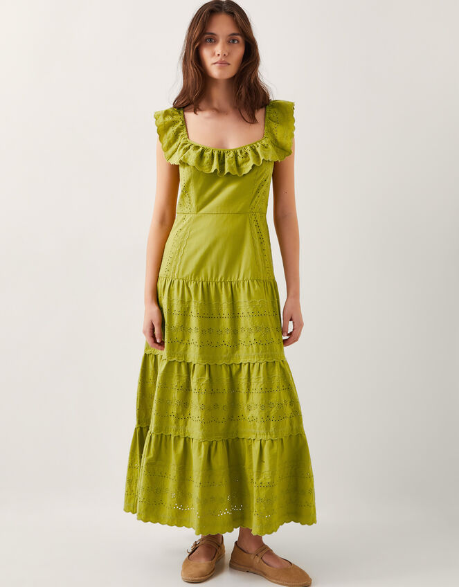 Lucy Broderie Frill Midi Dress, Green (GREEN), large