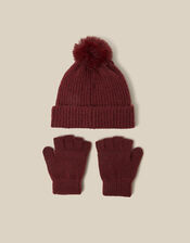 Velvet Bow Bobble Hat & Gloves Set, Red (BURGUNDY), large