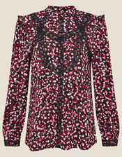 Spot Print Lace Trim Long Sleeve Top, Pink (PINK), large