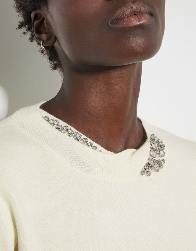 Eva Embellished Neck Jumper, Ivory (IVORY), large