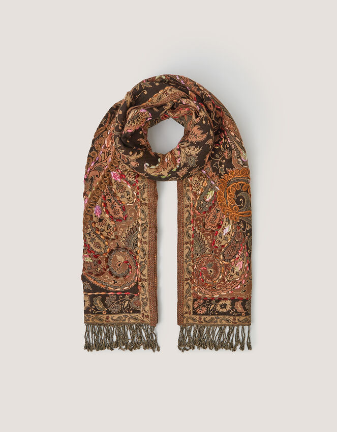 Ingrid Embroidered Paisley Print Scarf, , large
