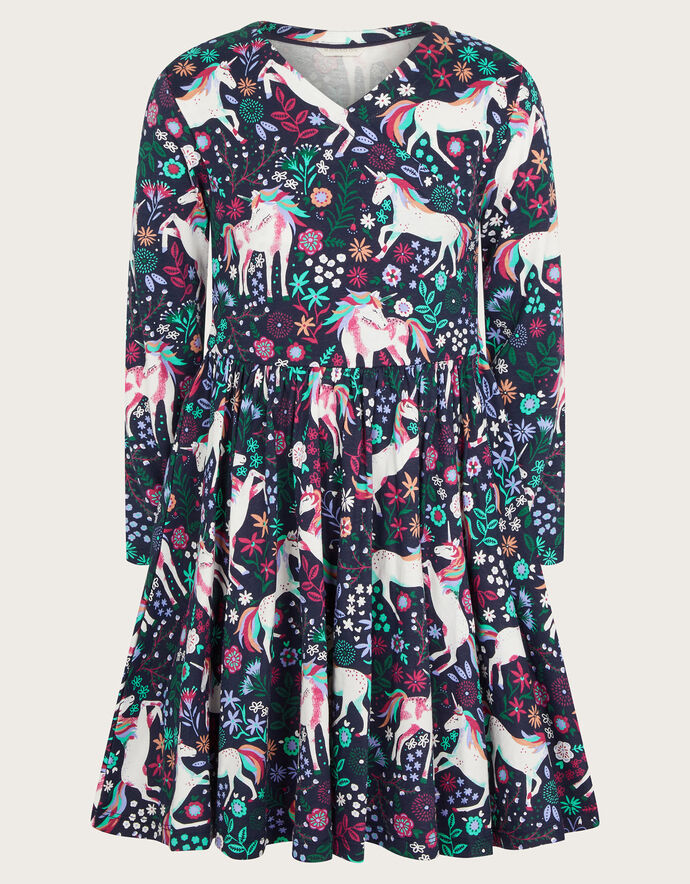 Long Sleeve Unicorn Print Dress Blue | Girls' Dresses | Monsoon UK.