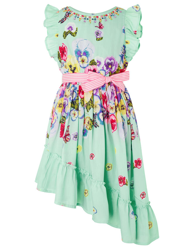 Pansy Print Asymmetric Hem Dress, Green (GREEN), large