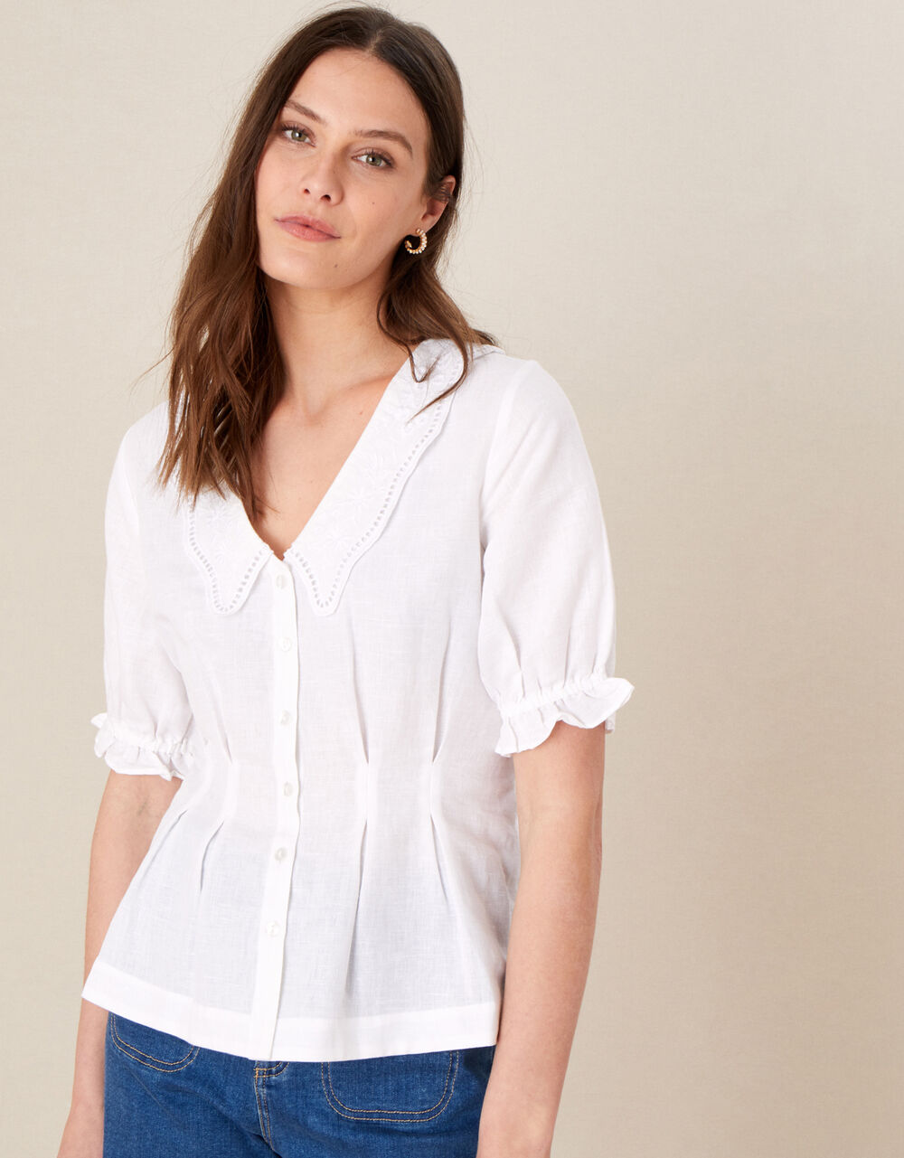 Embroidered Collar Puff Sleeve Blouse White Tops & Tshirts Monsoon UK.