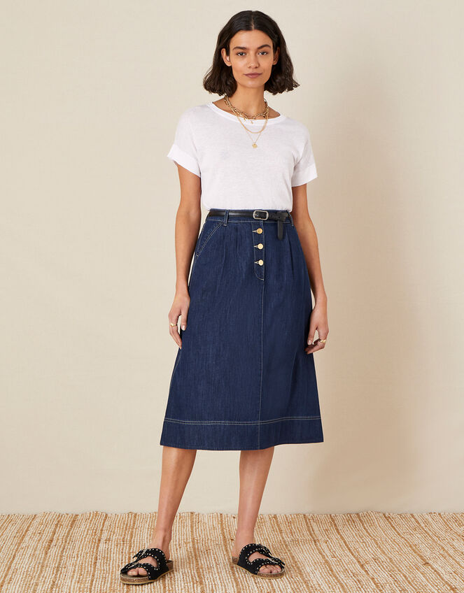 Denim Midi Skirt in Organic Cotton , Blue (INDIGO), large