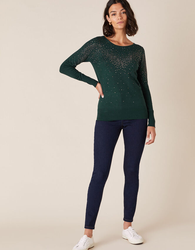 Hotfix Gem Knit Jumper with Sustainable Viscose, Green (DARK GREEN), large