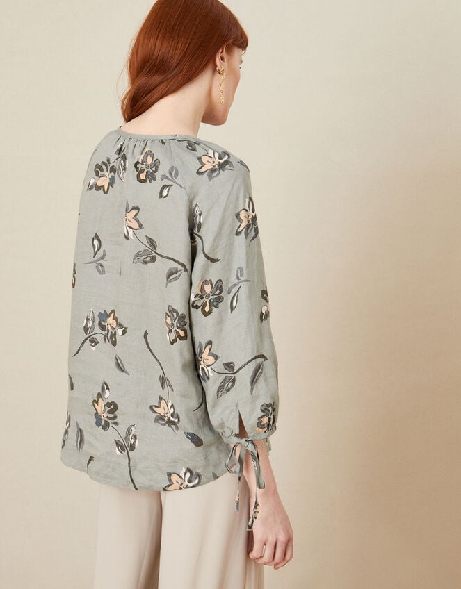 Button Through Printed Linen Blouse, Green (SAGE), large