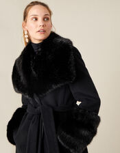 Sadie Faux Fur Trim Wrap Coat, Black (BLACK), large