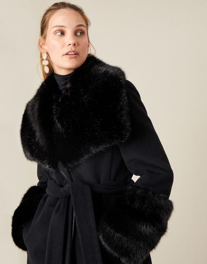 Sadie Faux Fur Trim Wrap Coat Black | Women's Coats | Monsoon UK.