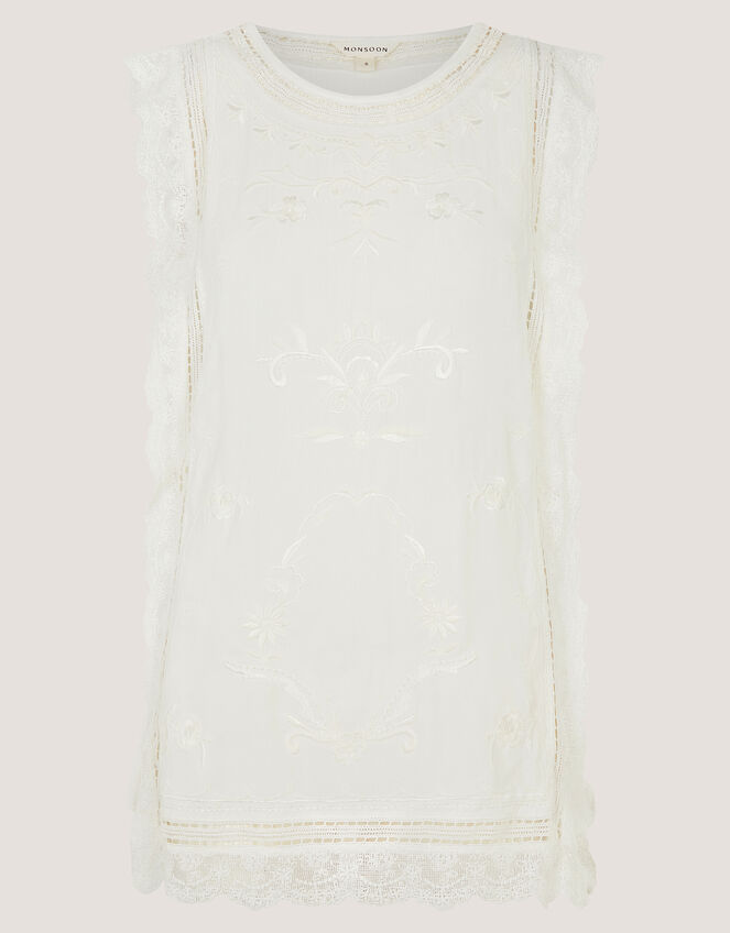 Taylor Sleeveless Embroidered Lace Top, White (WHITE), large