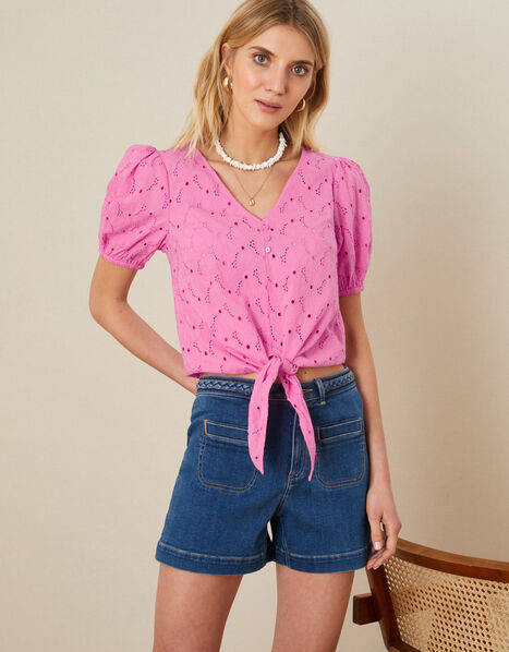 Tie Front Broderie Top Pink, Pink (PINK), large