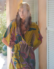 One Hundred Stars Crane Print Drawstring Midi Dress, Green (GREEN), large