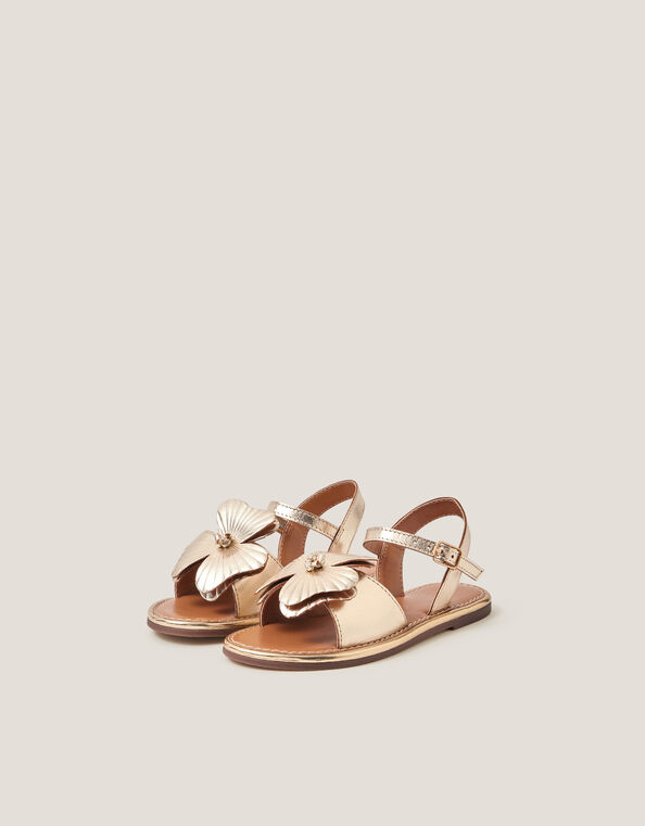 Flower Metallic Leather Sandals, Gold (GOLD), large
