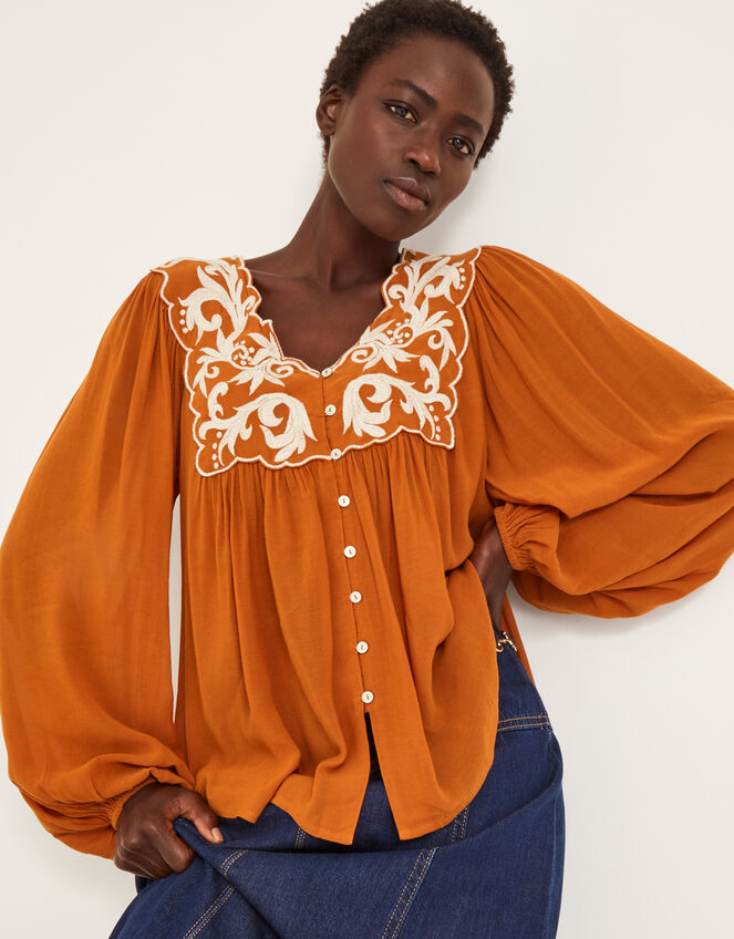Jenna Embroidered Blouson Blouse, Copper (COPPER), large