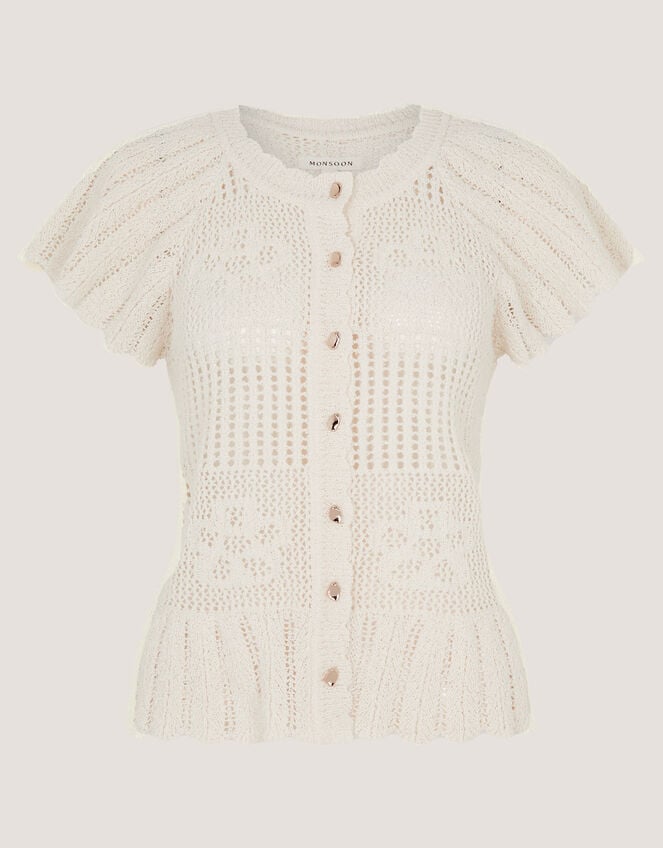 Indi Short Sleeve Floral Pointelle Cardigan, Ivory (IVORY), large