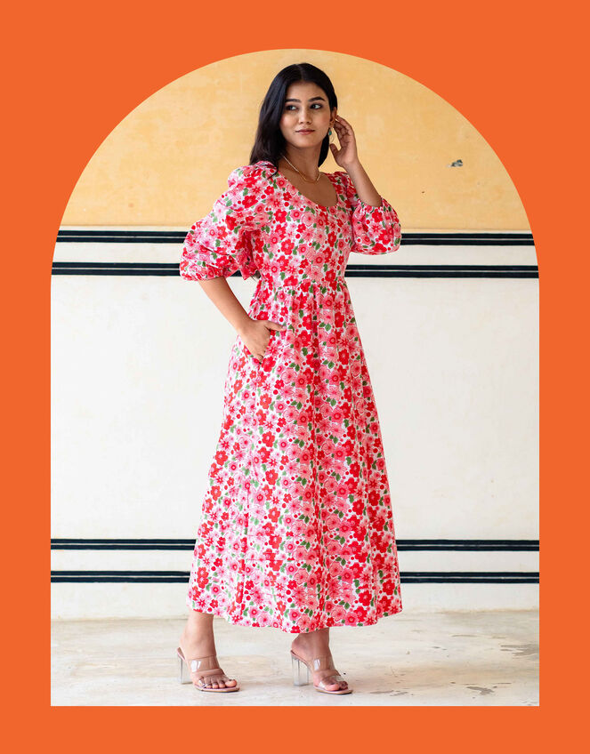 India & Mills Lottie Poppy Print Midi Dress, Pink (PINK), large