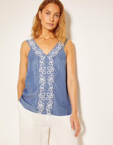 Isolde Embroidered Chambray Cami Top, Blue (DENIM BLUE), large