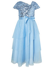 Florabelle Sequin Bodice Dress with Tiered Skirt, Blue (BLUE), large