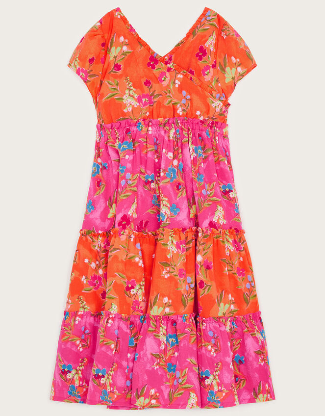 Tiered Floral Dress in Recycled Polyester, Pink (PINK), large