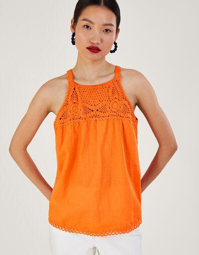 Crochet Neckline Halter Top, Orange (ORANGE), large