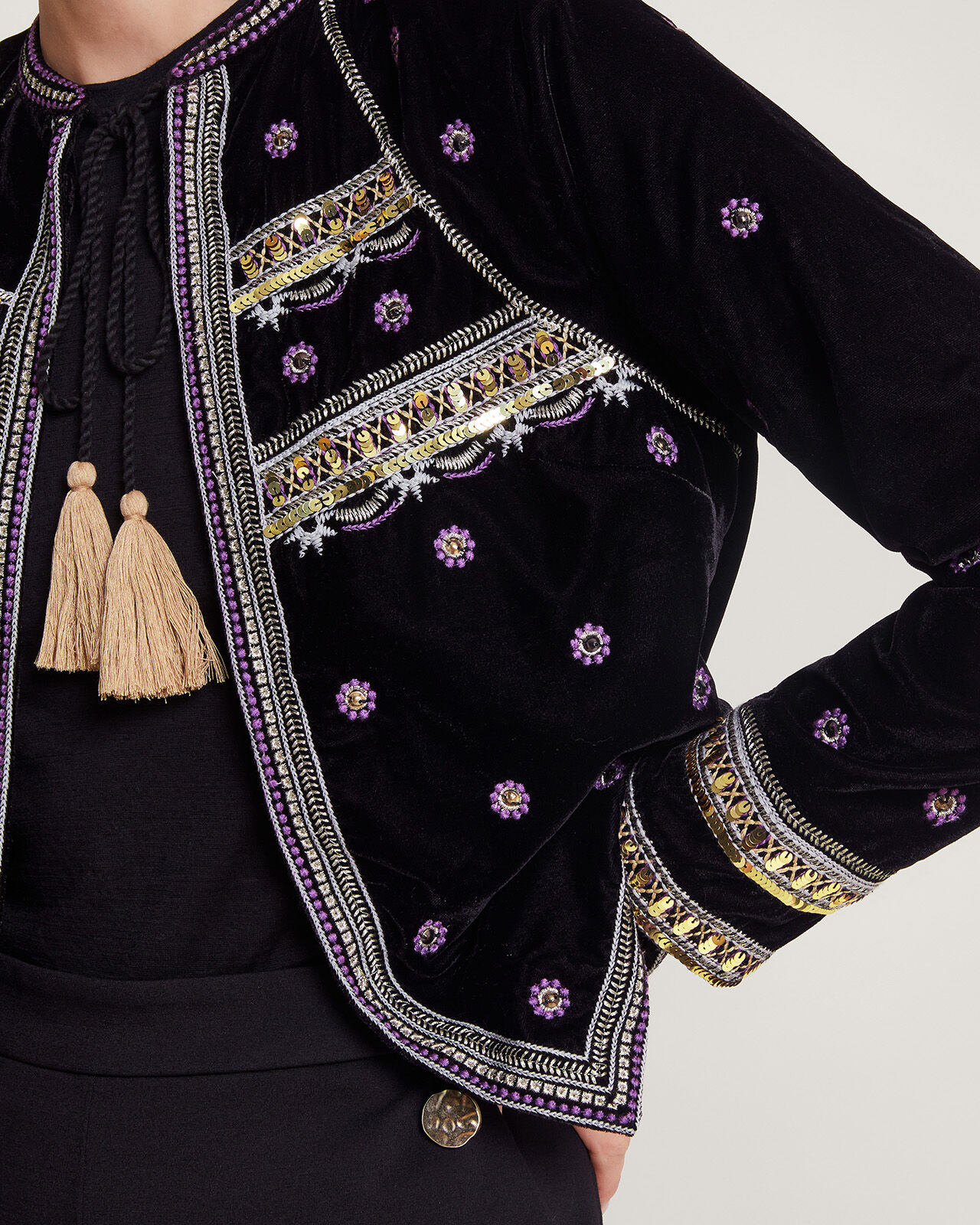 Embellished velvet jacket sales
