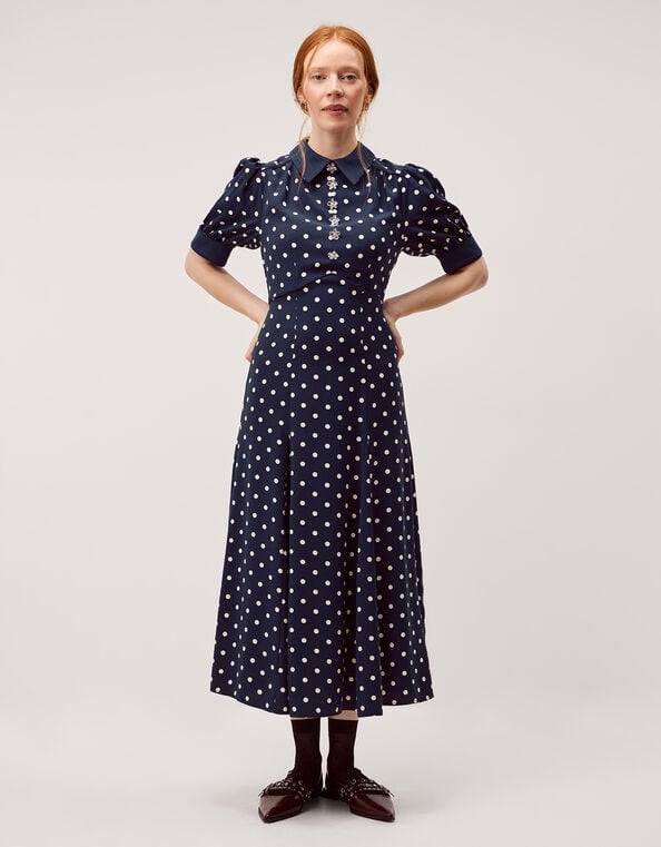Kate Puff Sleeve Polka Dot Midi Dress, Blue (NAVY), large