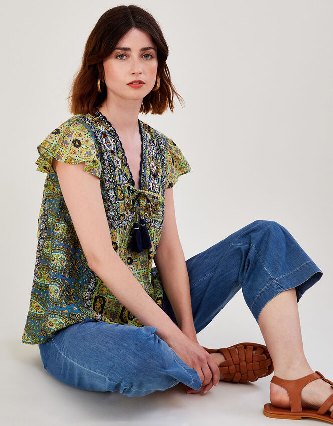 Heritage Print Premium Flutter Sleeve Top, Green (GREEN), large