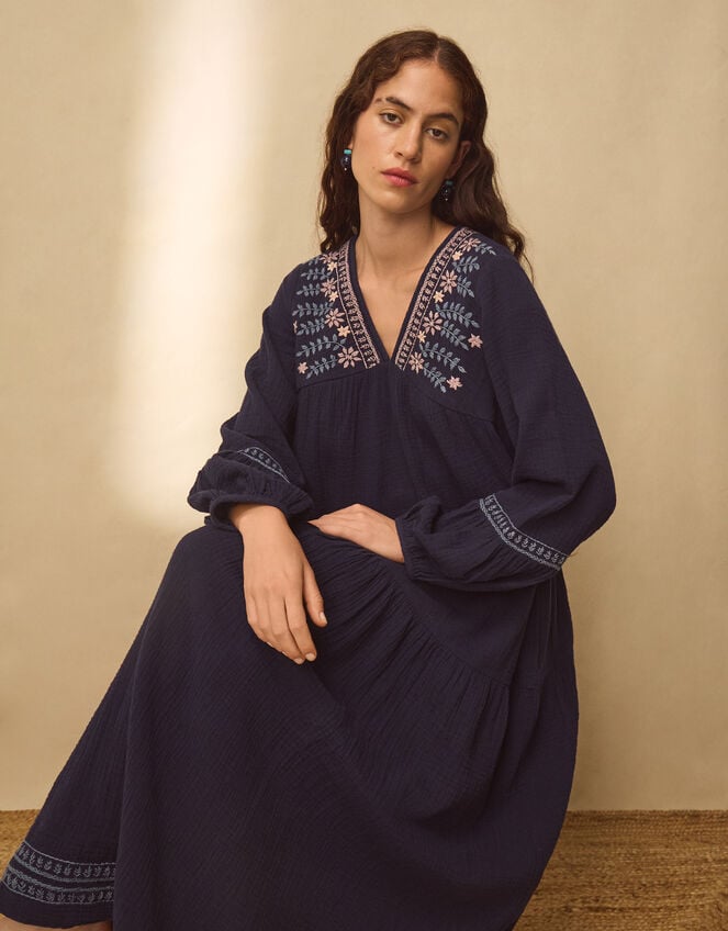 East Carita Hand-Embroidered Maxi Dress, Blue (NAVY), large
