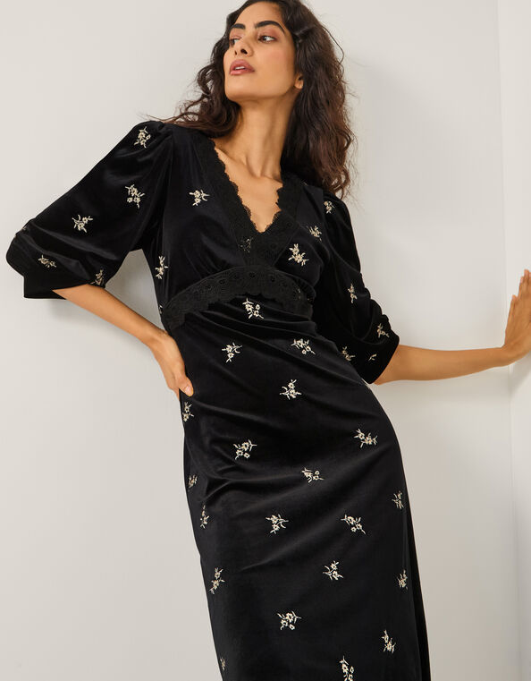 Erin Floral Lace Velvet Midi Dress, Black (BLACK), large