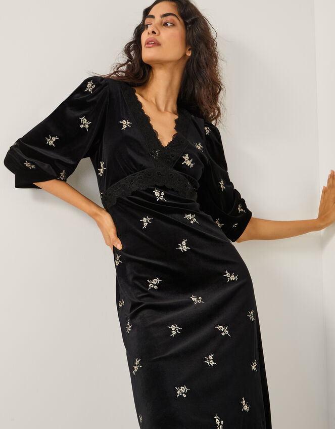 Erin Floral Lace Velvet Midi Dress, Black (BLACK), large