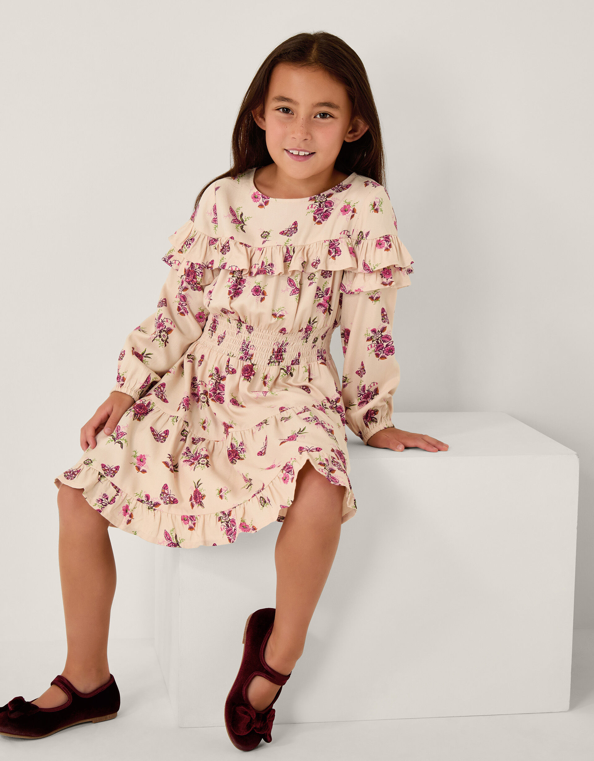 Butterfly Floral Frill Dress Ivory