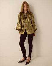 Monsoon x Queens of Archive Debbie Tie Neck Metallic Blouson Blouse​, Gold (GOLD), large